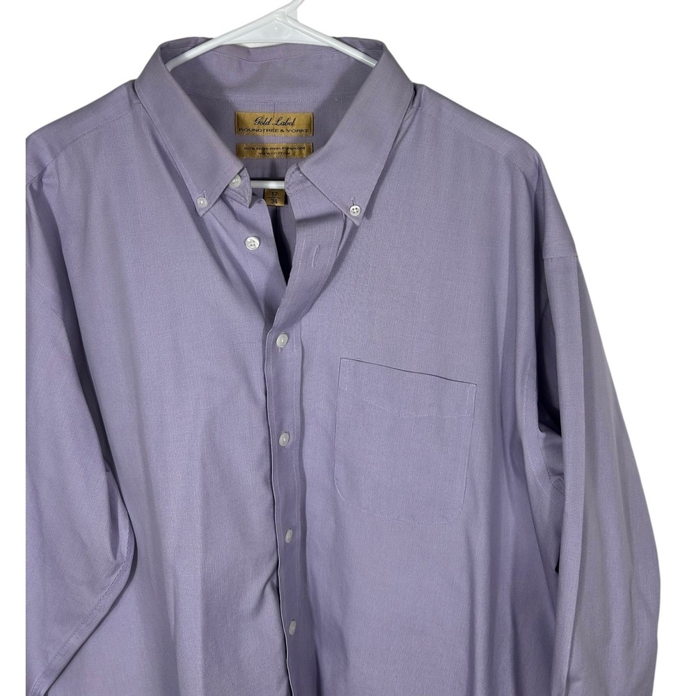 Roundtree & Yorke Gold Label Purple Dress Shirt 17 34 Non-Iron Pinpoint Cotton
